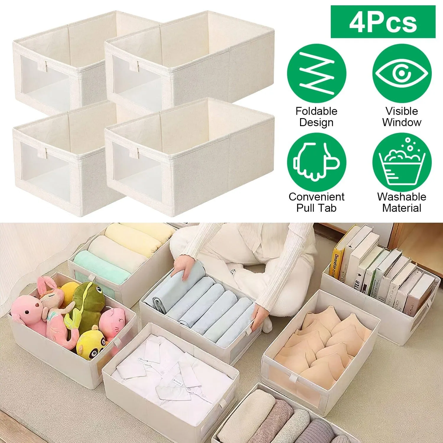 4-Pieces: Foldable Linen Clothing Storage Bin with Visible Clear Window