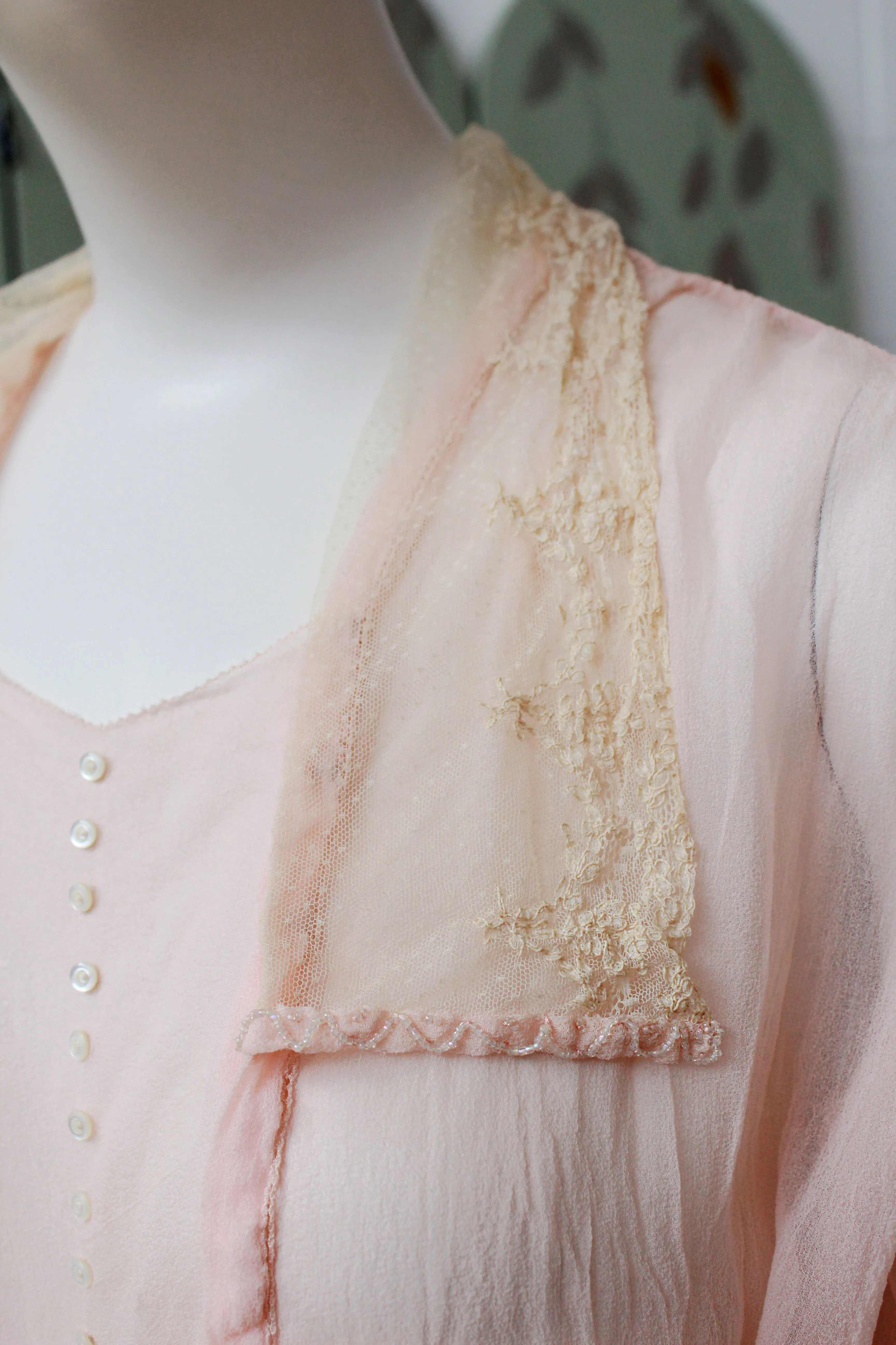 Antique 1910-1920s Pink Sheer Silk Chiffon Blouse