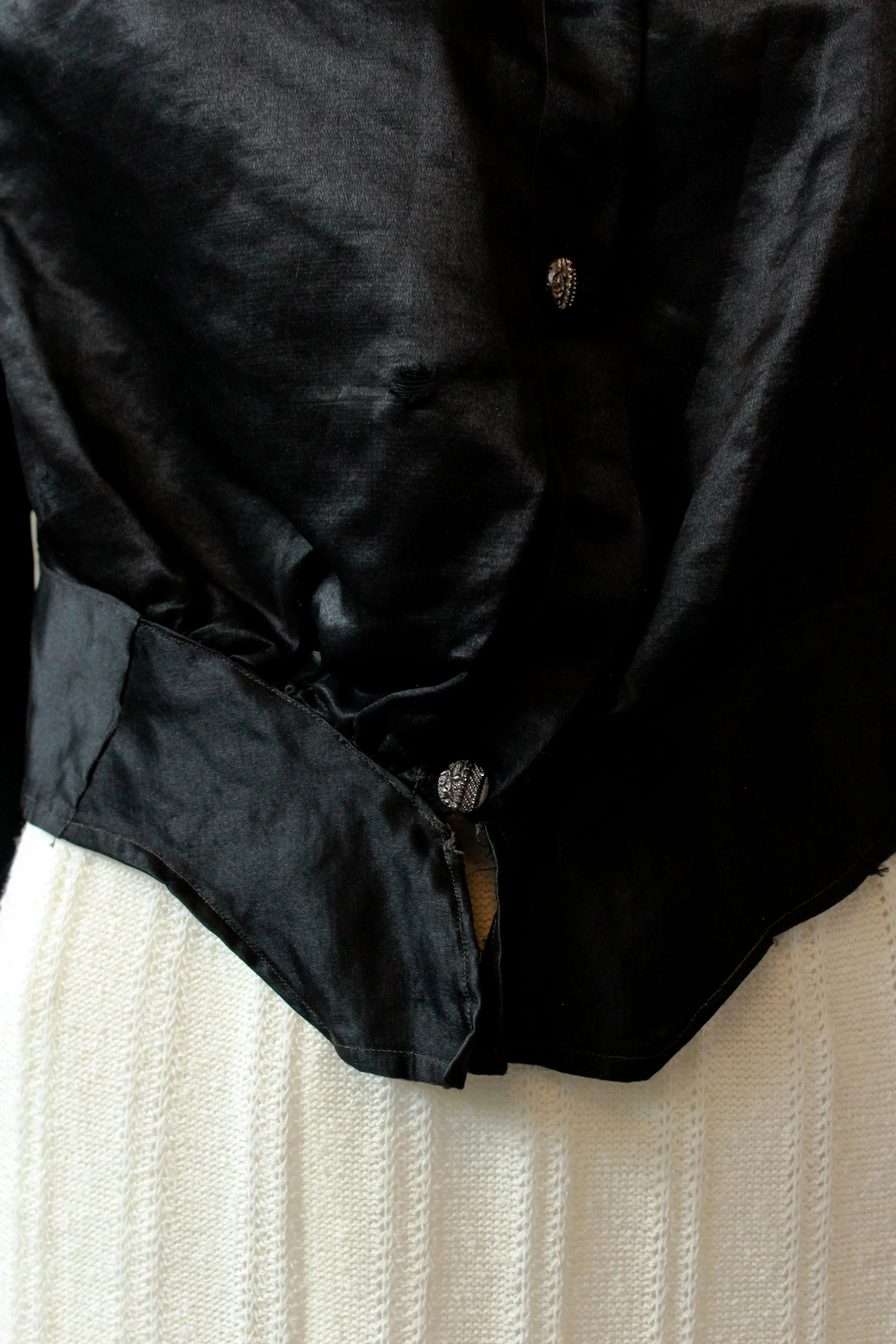 Antique Victorian Black Blouse, Collared top, Vintage Balloon Sleeve Blouse, Large, As Is