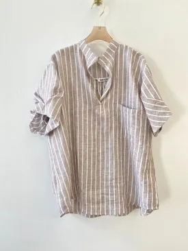 Brown & White Striped Linen Pocket Front Shirt w/ Draped Sleeves