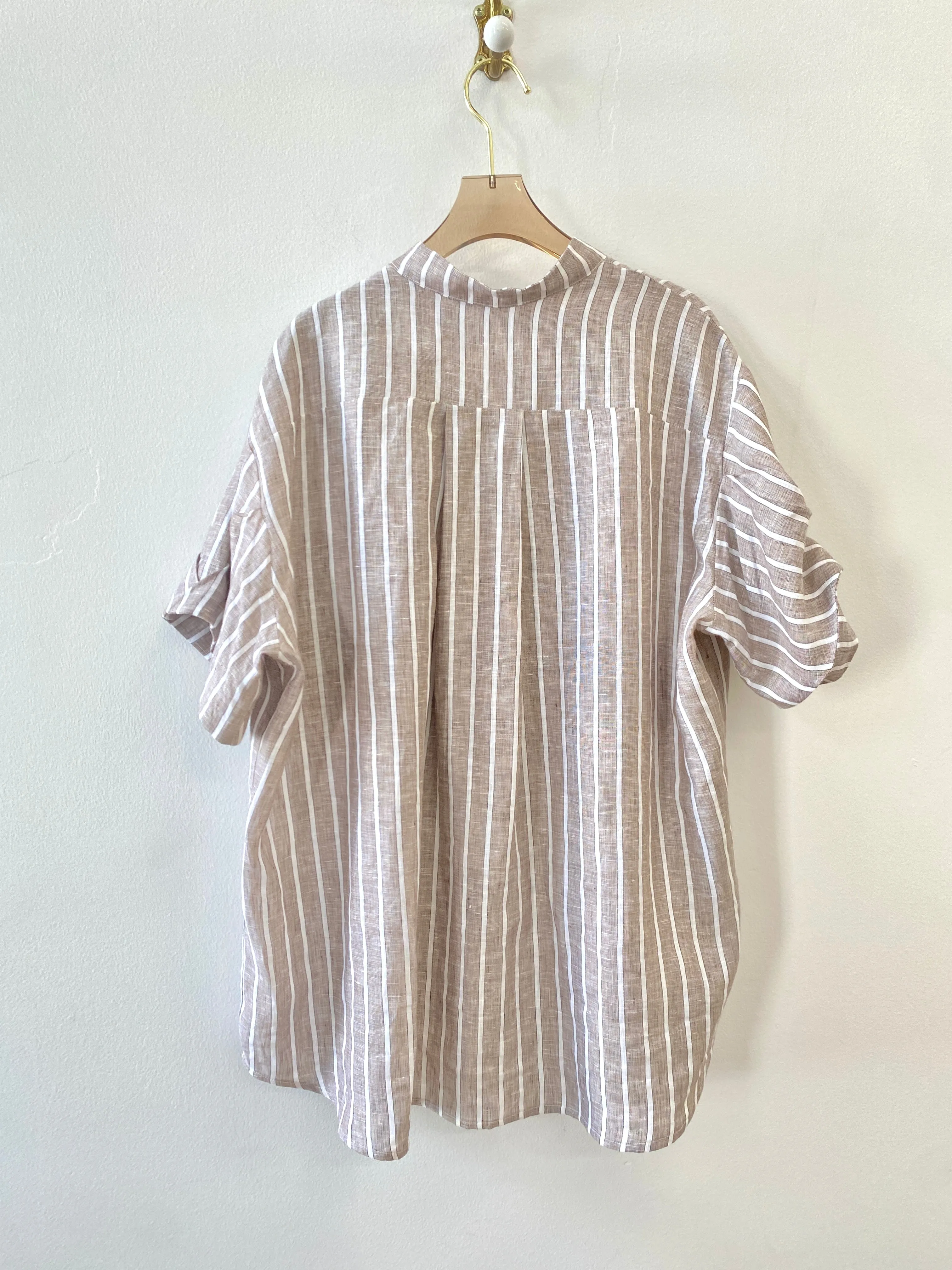 Brown & White Striped Linen Pocket Front Shirt w/ Draped Sleeves