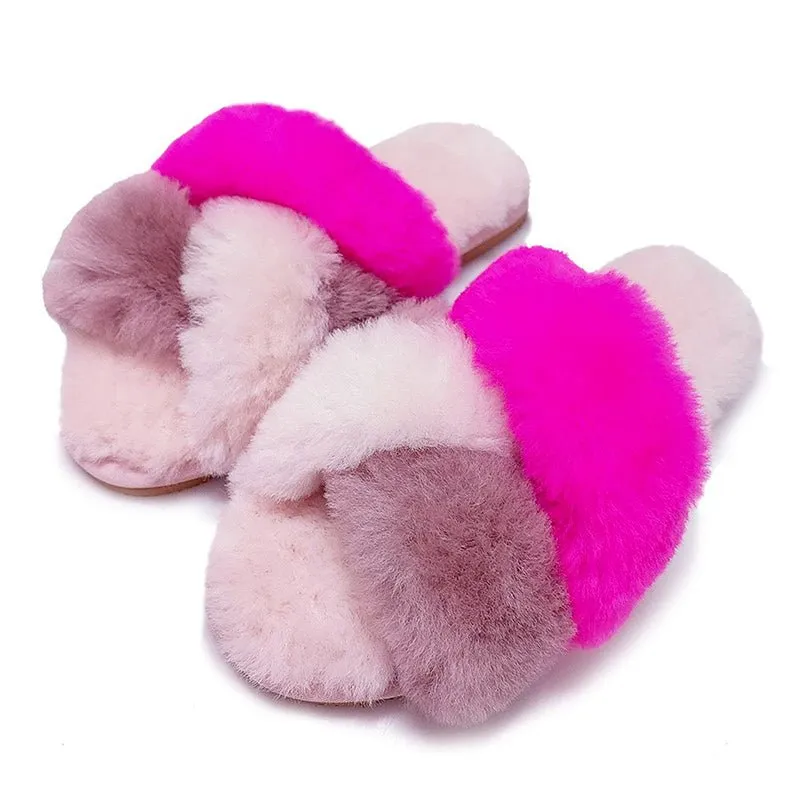 Calico Sheepskin Flufffy Slide