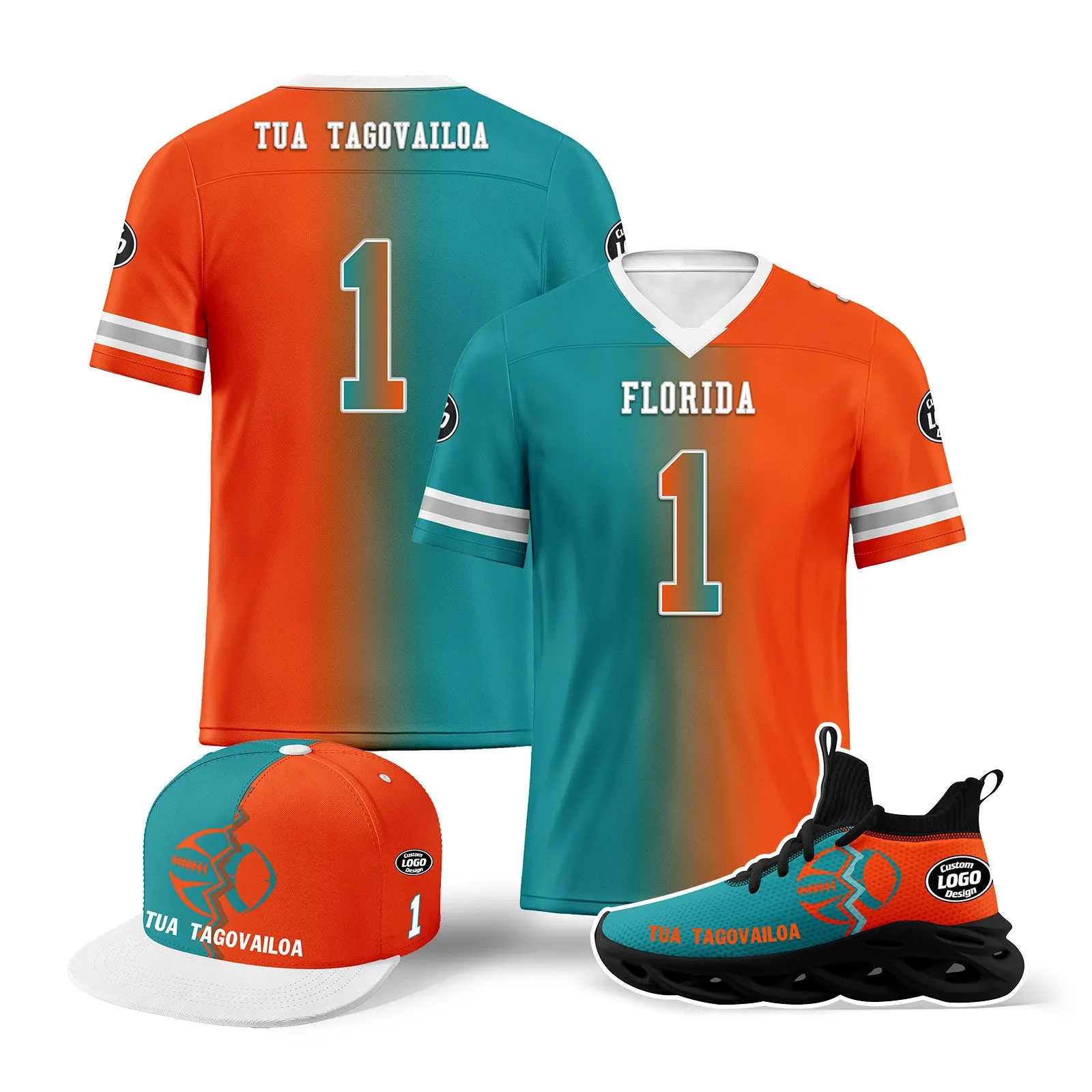 Custom Orange Blue Florida Football Jersey MaxSoul Shoes and Hat Combo Offer Personalized Combo ZH-D028018-28