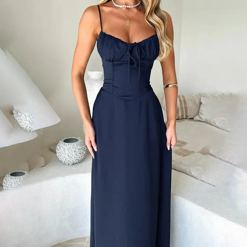 Elegant Waist Wrap A-line Spaghetti Strap Backless Sexy Spring Summer Maxi Dress