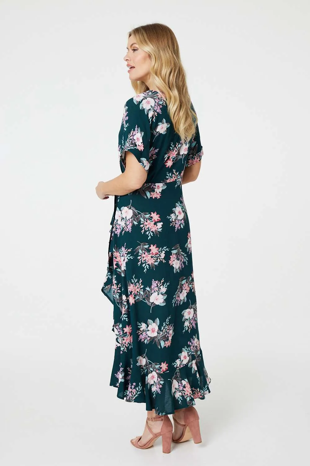 Floral Frill Hem Midi Wrap Dress