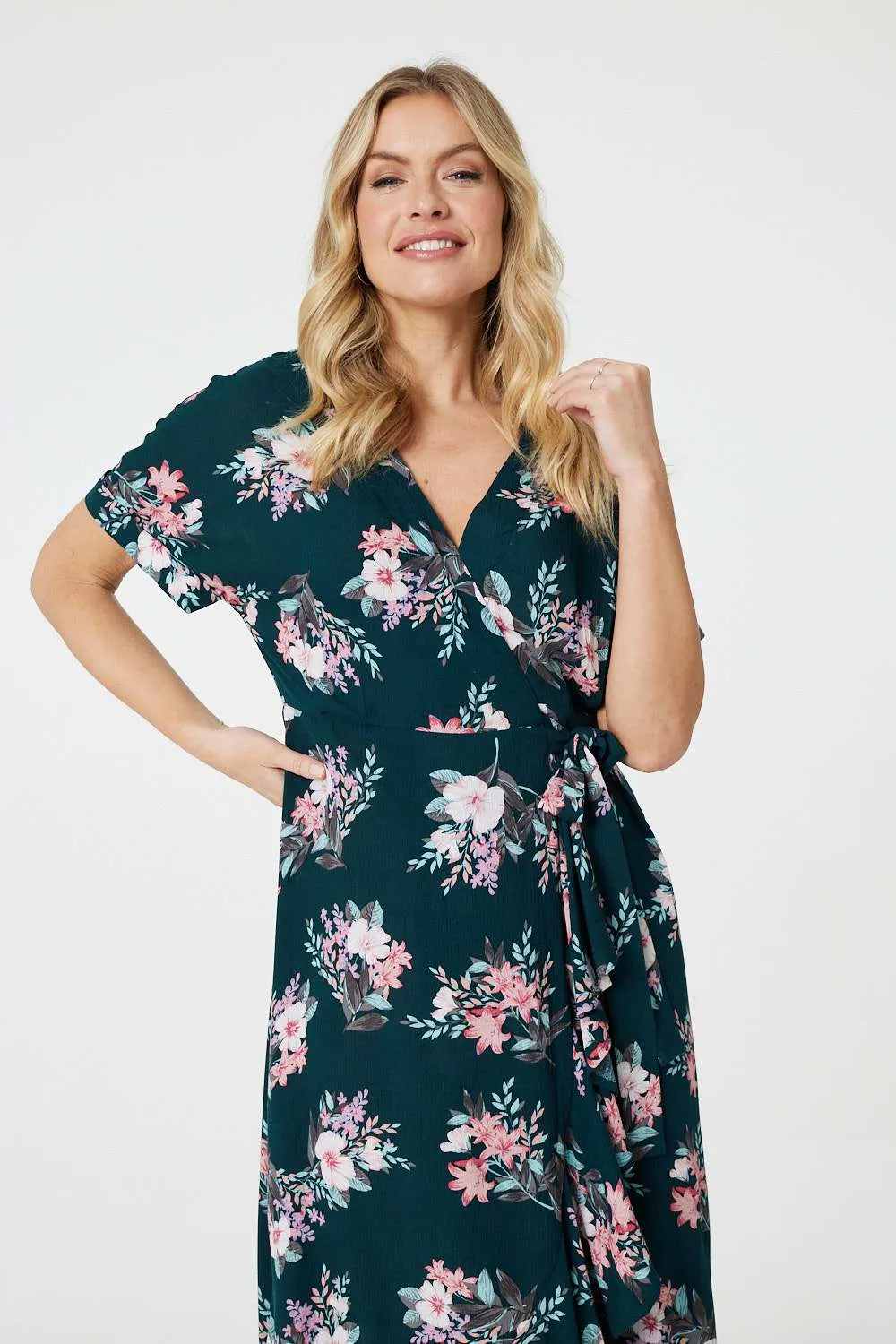 Floral Frill Hem Midi Wrap Dress