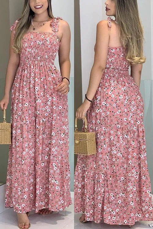 Floral Print Bow Slip Maxi Dess