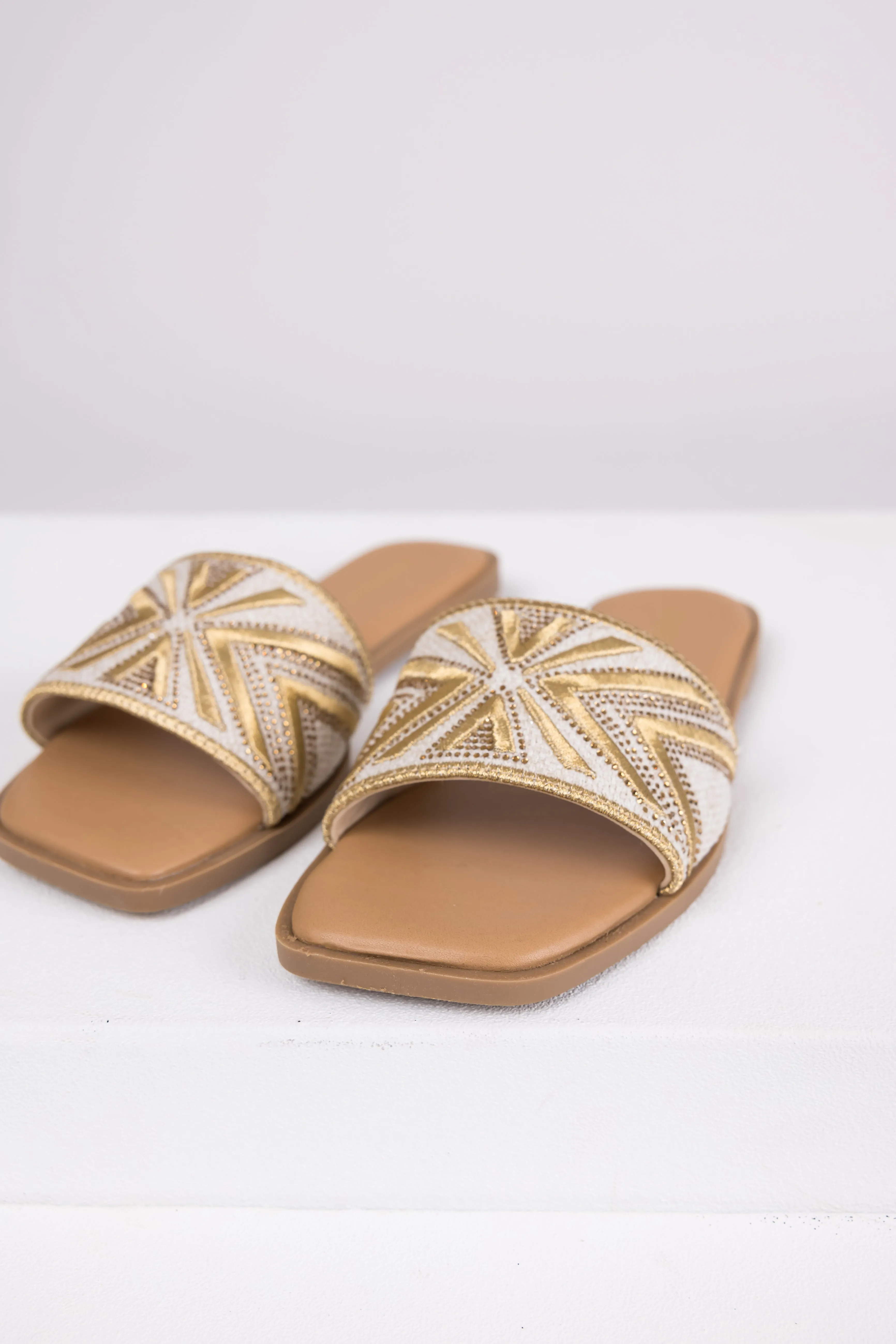 Gold Aztec Band Square Toe Slide Sandals