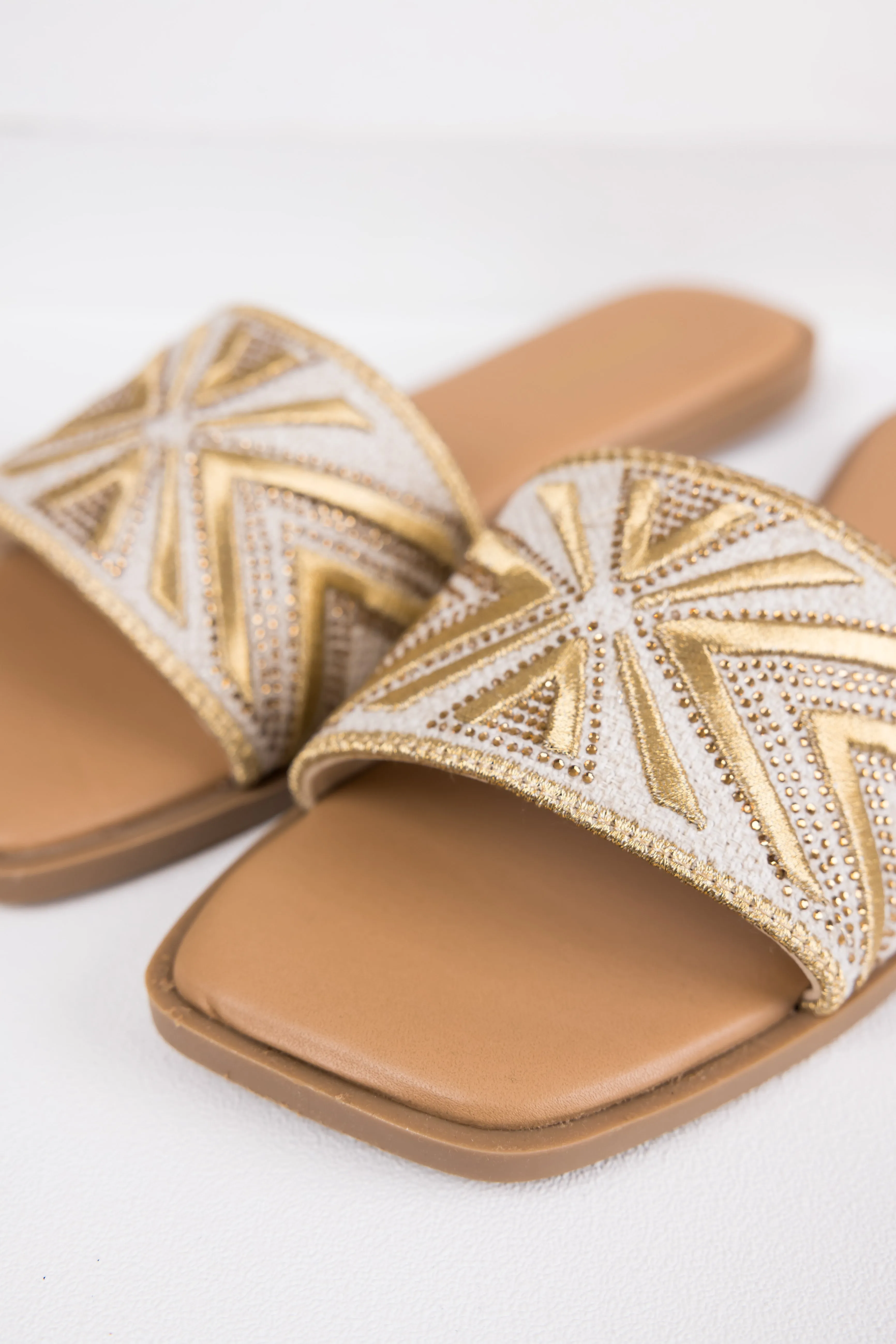 Gold Aztec Band Square Toe Slide Sandals