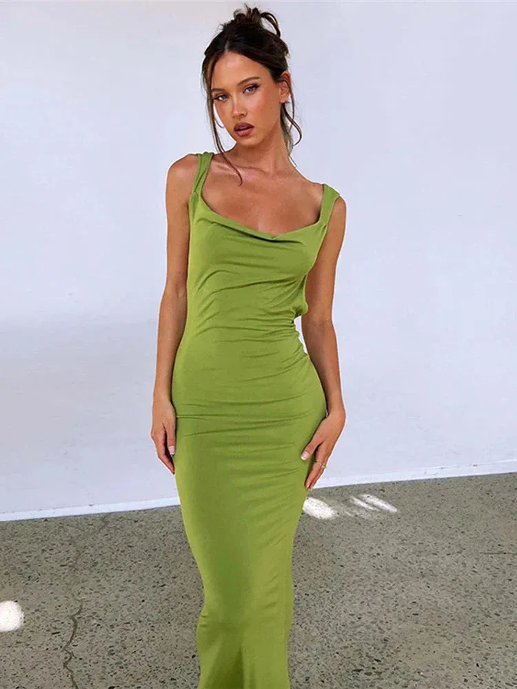 Green Straps Backless Bodycon Maxi Dress