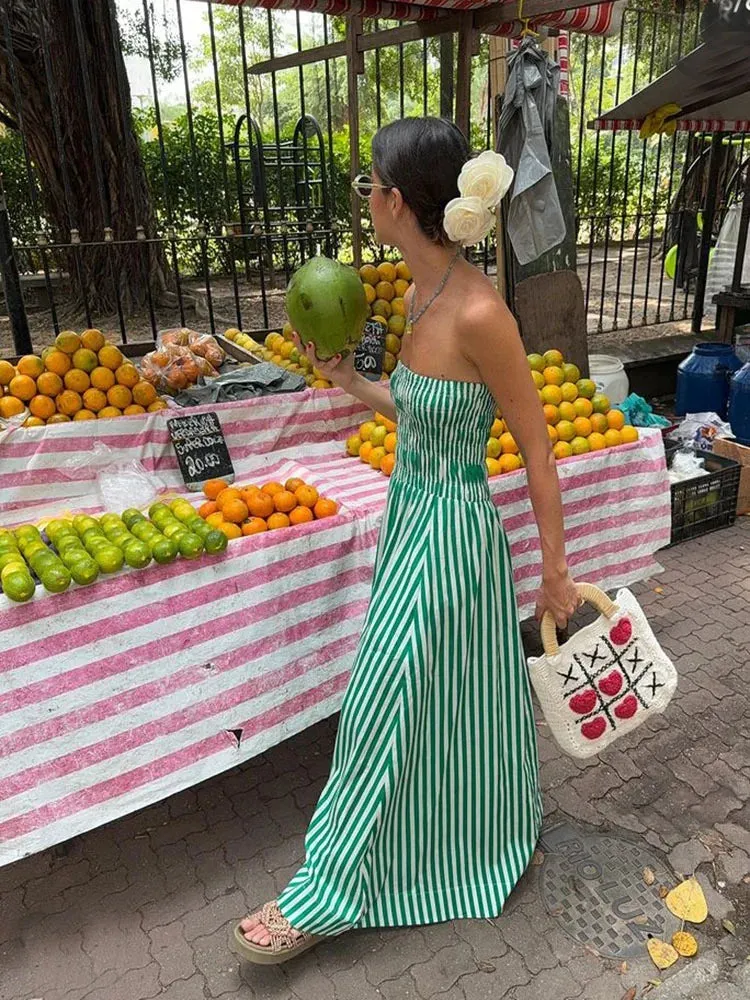 Green Striped Strapless Maxi Dress for Women