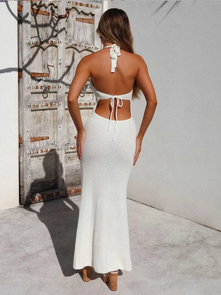 Hollow Out Knitting Bodycon Halter Backless Sexy Party Elegant Long Maxi Dress