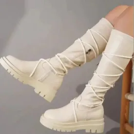 Lace-Up Platform Boots White Long Cowboy Boots Women