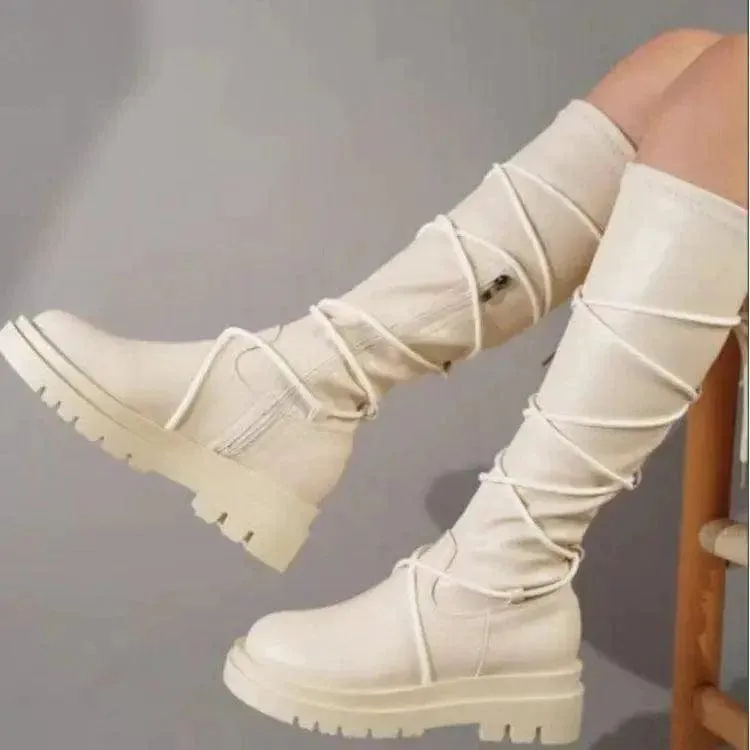 Lace-Up Platform Boots White Long Cowboy Boots Women