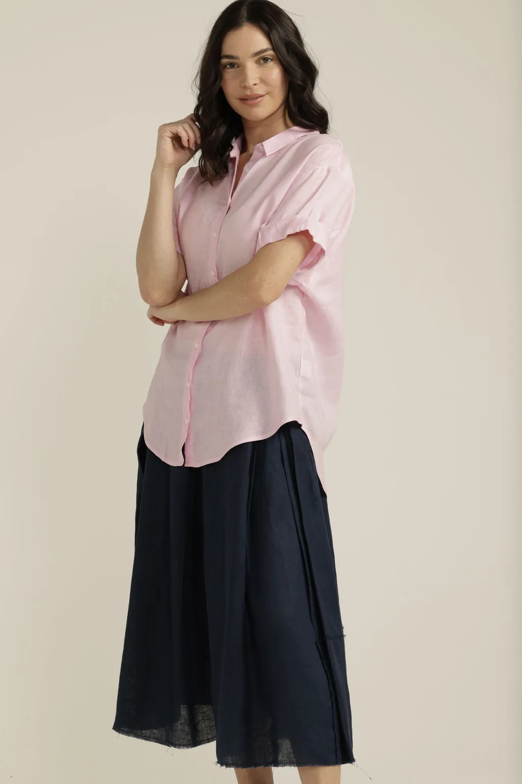 Linen Cuffed Short Sleeve Shirt Candy