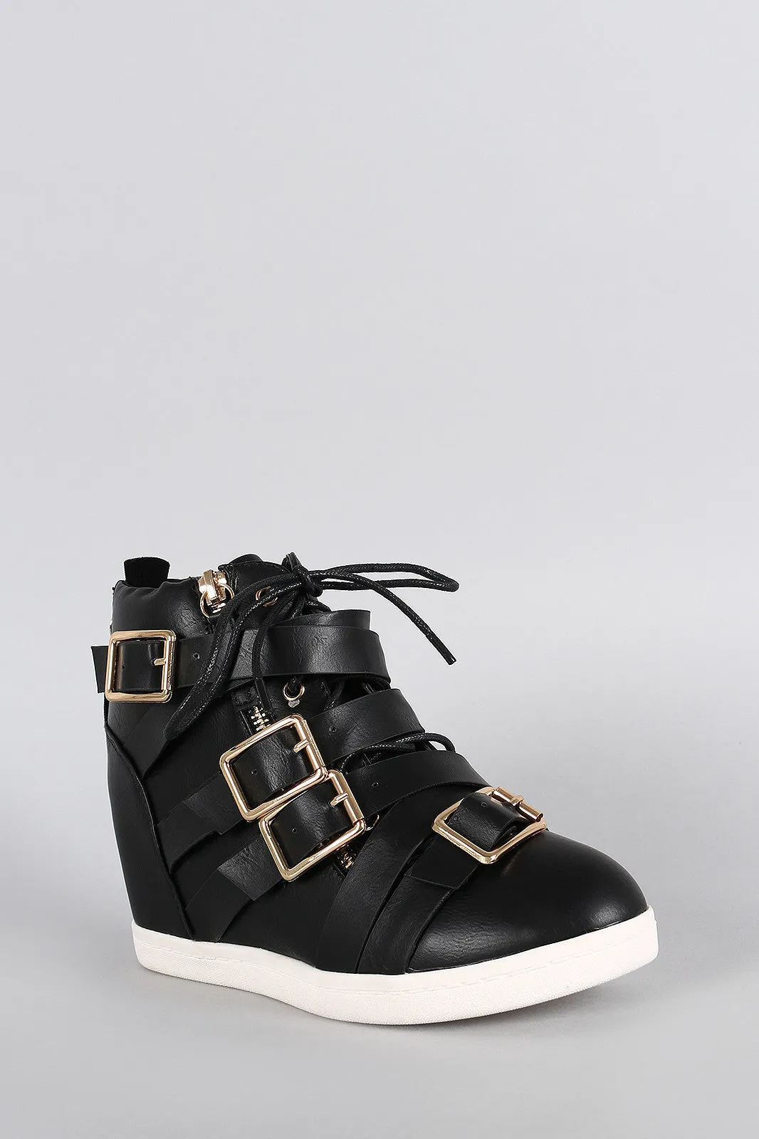 Multi Buckle Strap Lace Up Round Toe High Top Wedge Sneaker