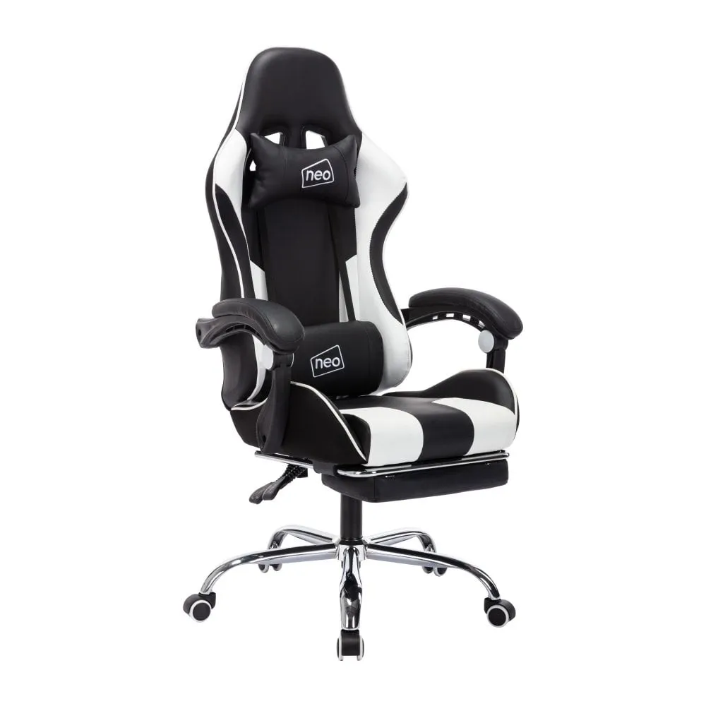 Neo White/Black Leather Gaming Chair with Massage Function & Footrest