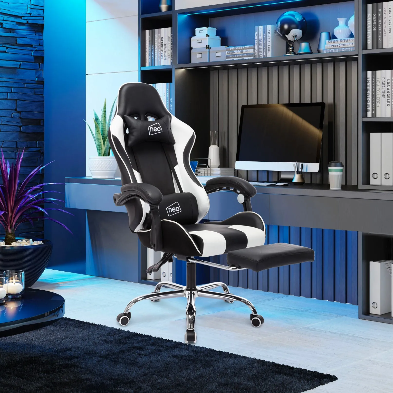 Neo White/Black Leather Gaming Chair with Massage Function & Footrest