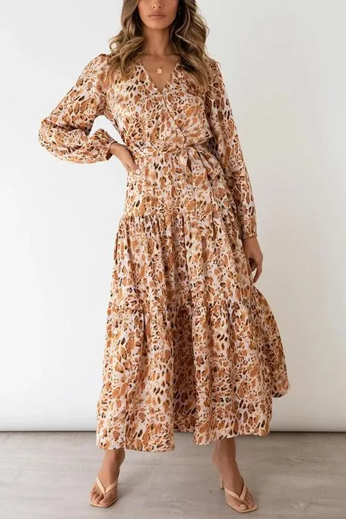 Print Belted Long Sleeve Maxi Dress