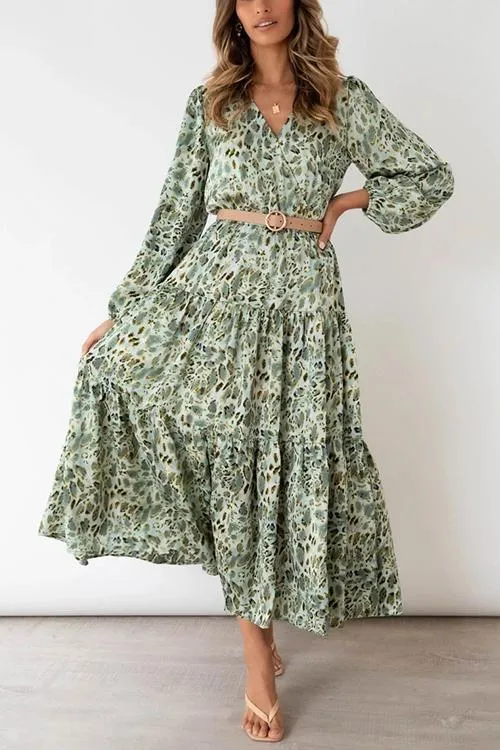 Print Belted Long Sleeve Maxi Dress