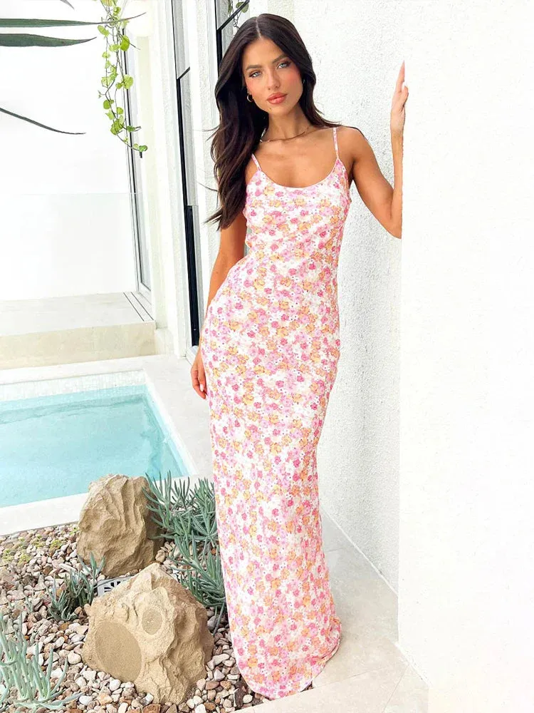 Print Spaghetti Strap Slim Bodycon Backless Nightclub Sexy Spring Summer Maxi Dress