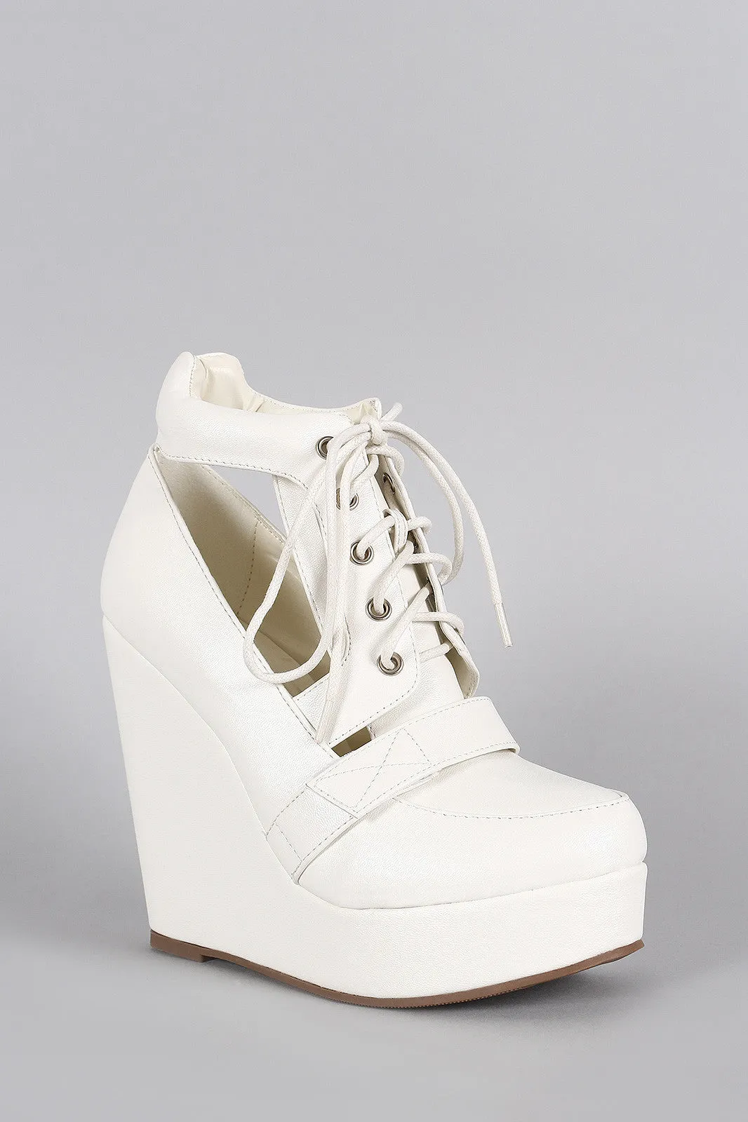 Round Toe Cutout Lace Up Platform Wedge Sneaker