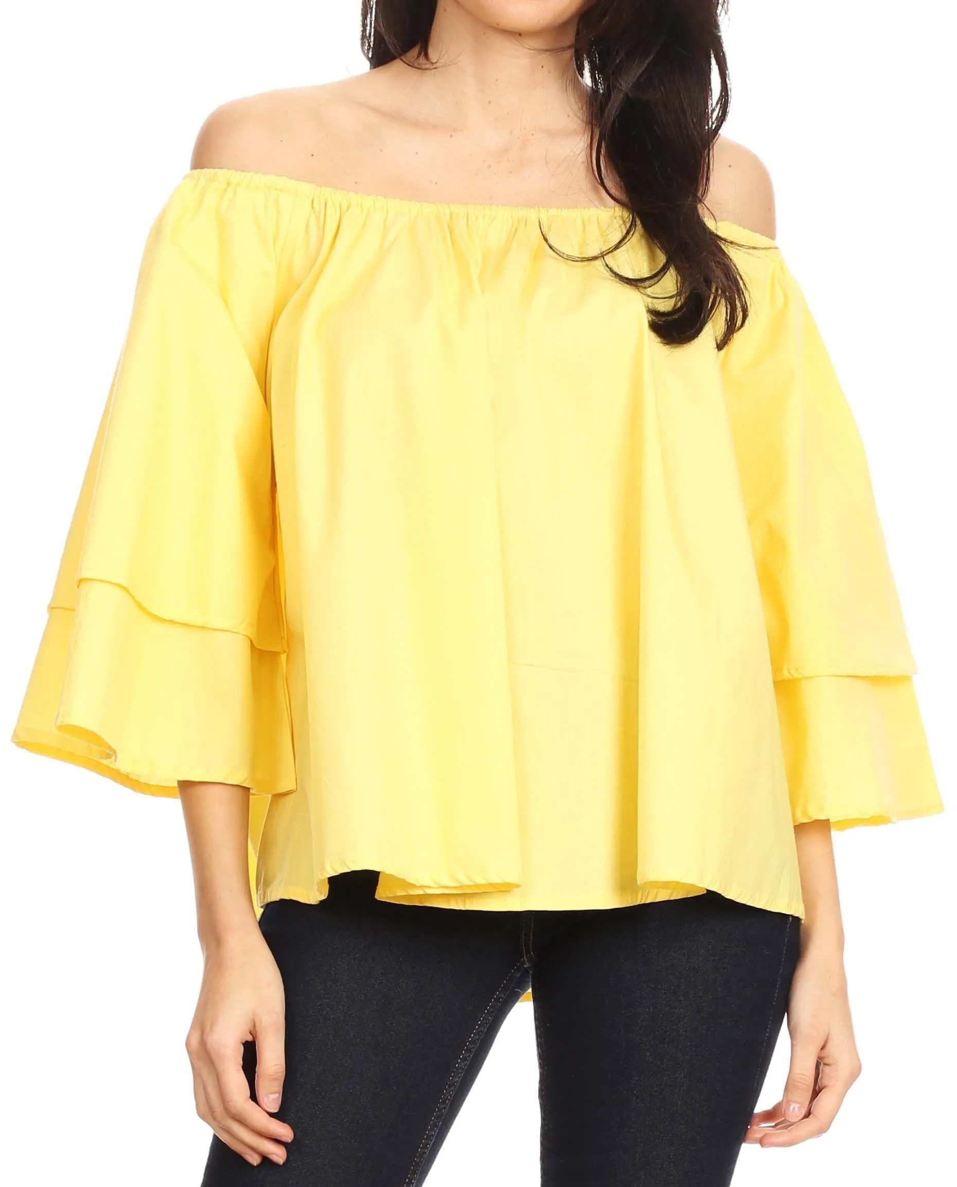 Sakkas Samra Womens Casual Off the Shoulder Bohemian Blouse Top Solid Short Sleeve