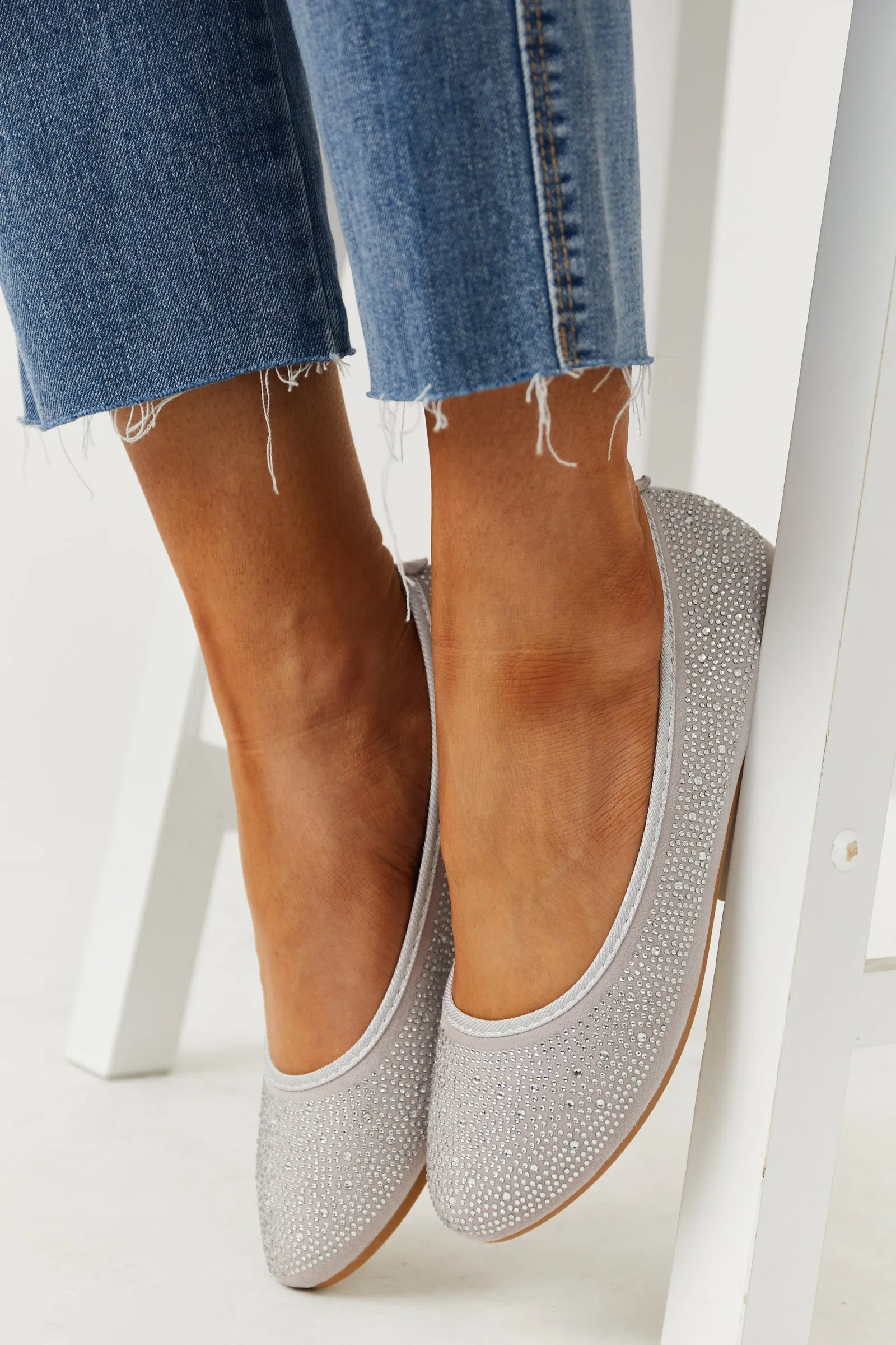 Silver Rhinestone Suede Ballet Flats