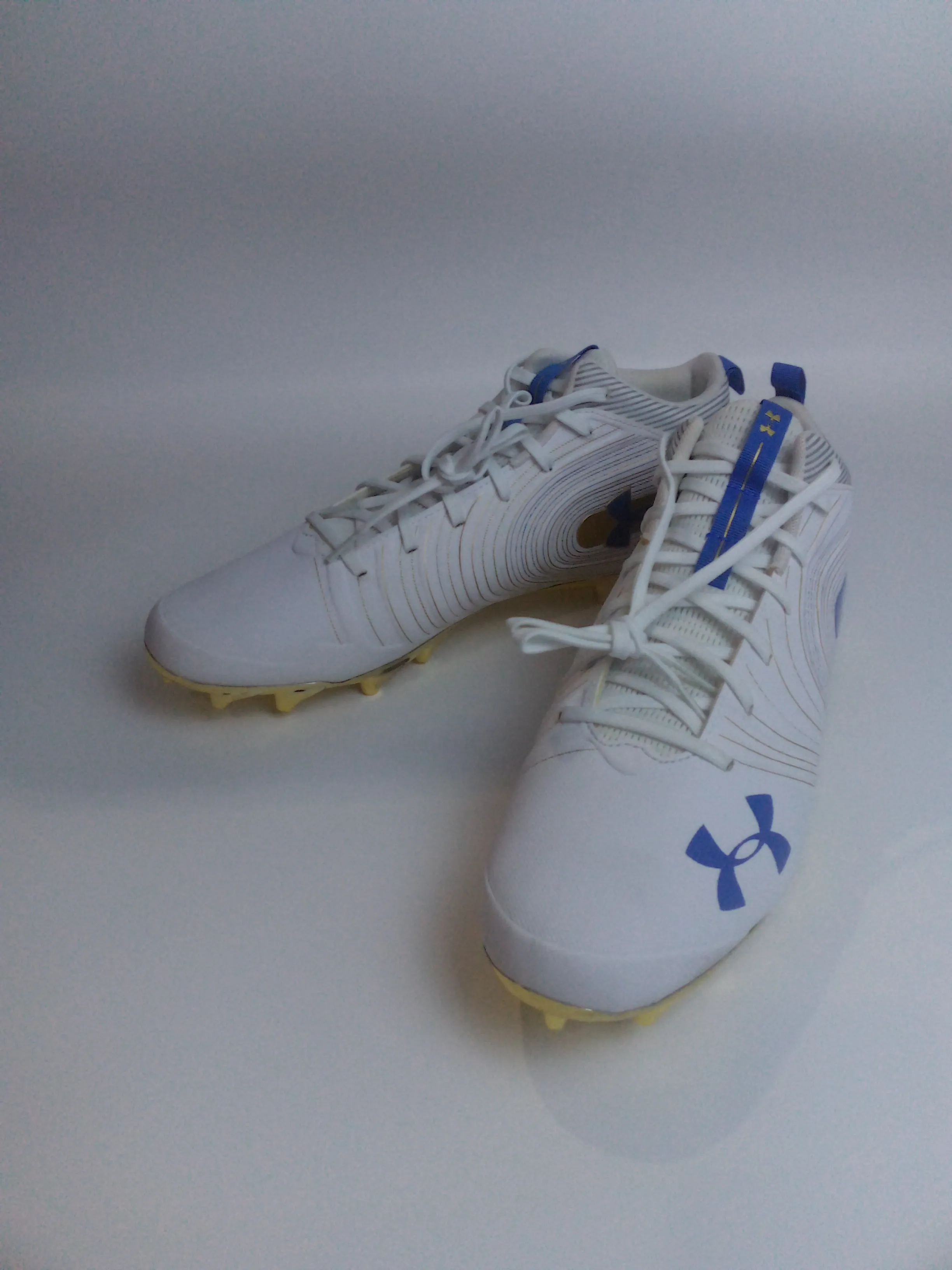 UA UCLA Team Nitro Mid MC football cleats White-Gold-Blue Size 15