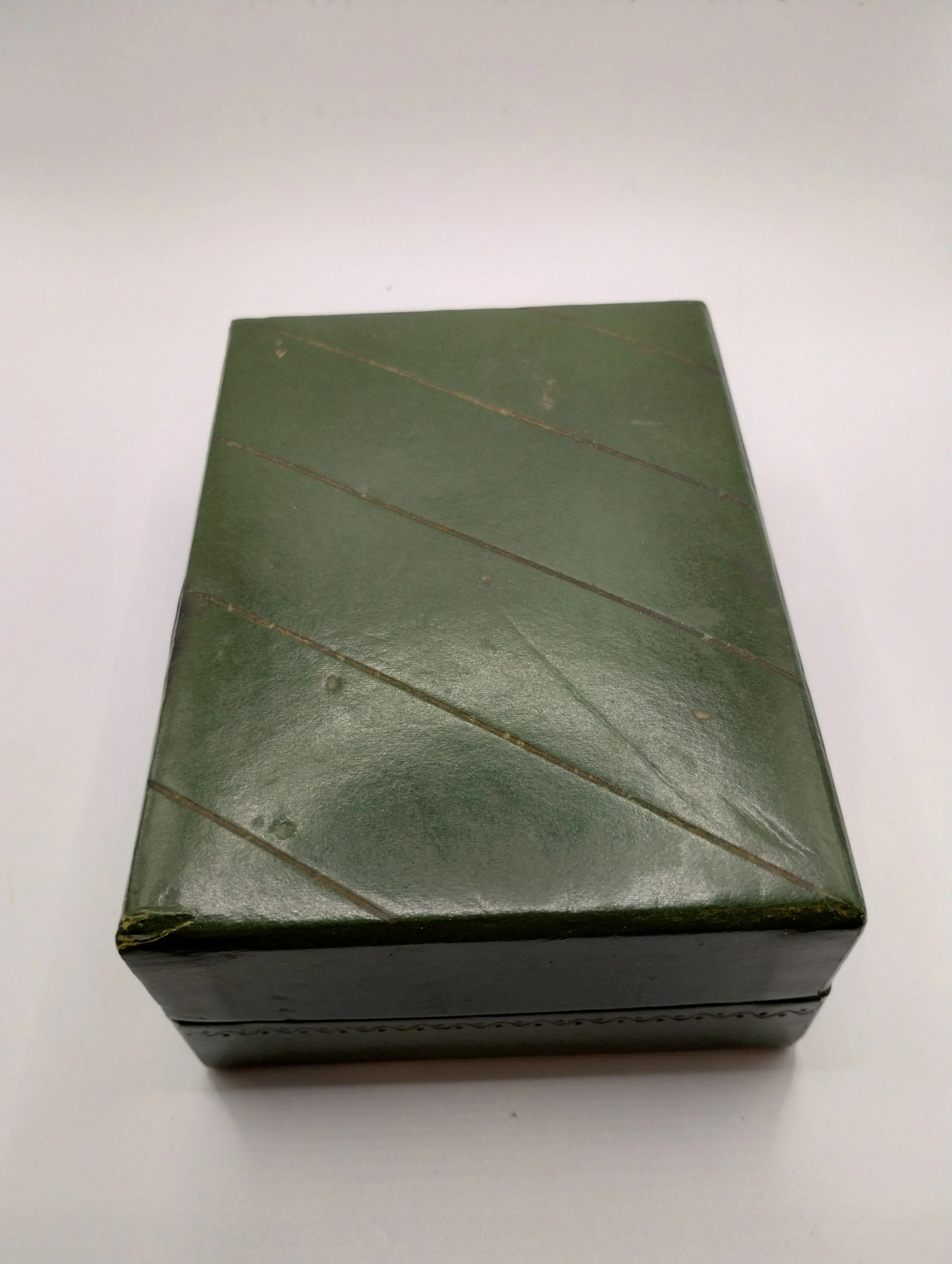 Vintage Mid Century Faux Leather Green Trinket Jewelry Box