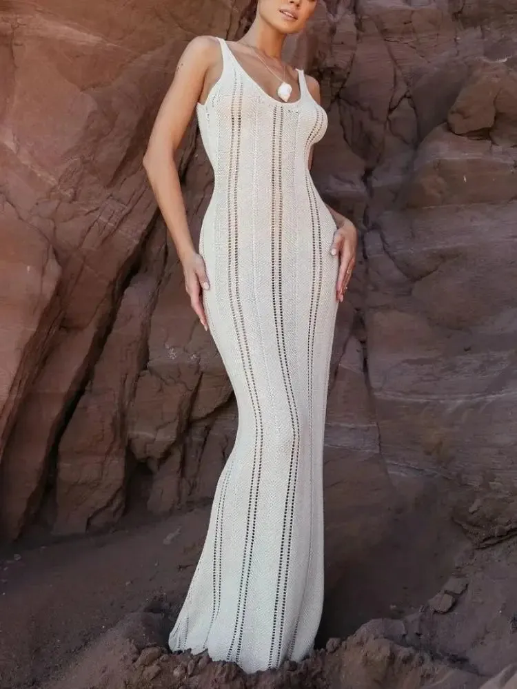 White Knitted Beach Women Holiday Outfits Sexy Hollow Out Sleeveless Slim Long Summer Elegant Backless Maxi Dress