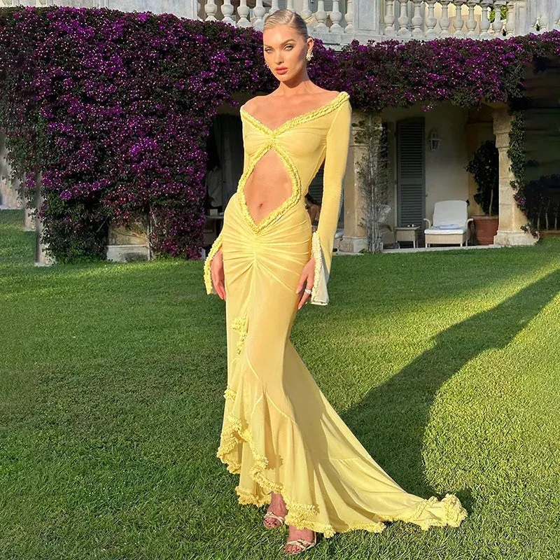 Yellow See Through Hollow Out Ruched Summer Long Sleeve Maxi Dress