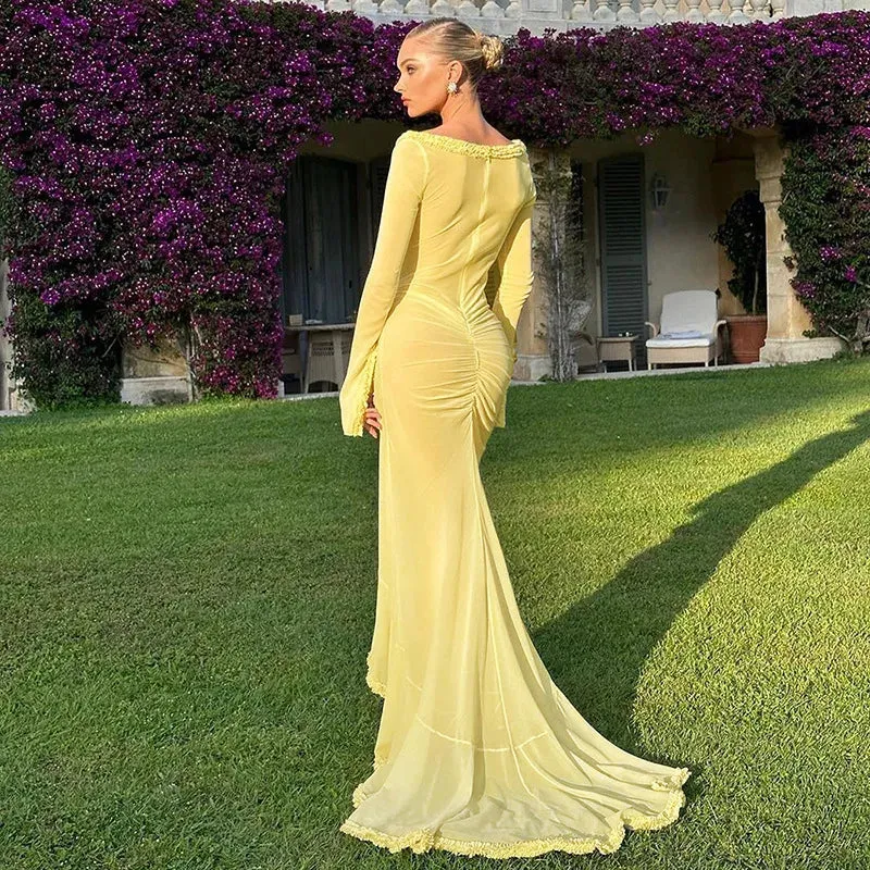 Yellow See Through Hollow Out Ruched Summer Long Sleeve Maxi Dress