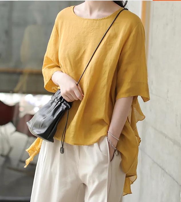 Yellow Spring Loose Women Casual Tunic Linen Shirts Women Tops